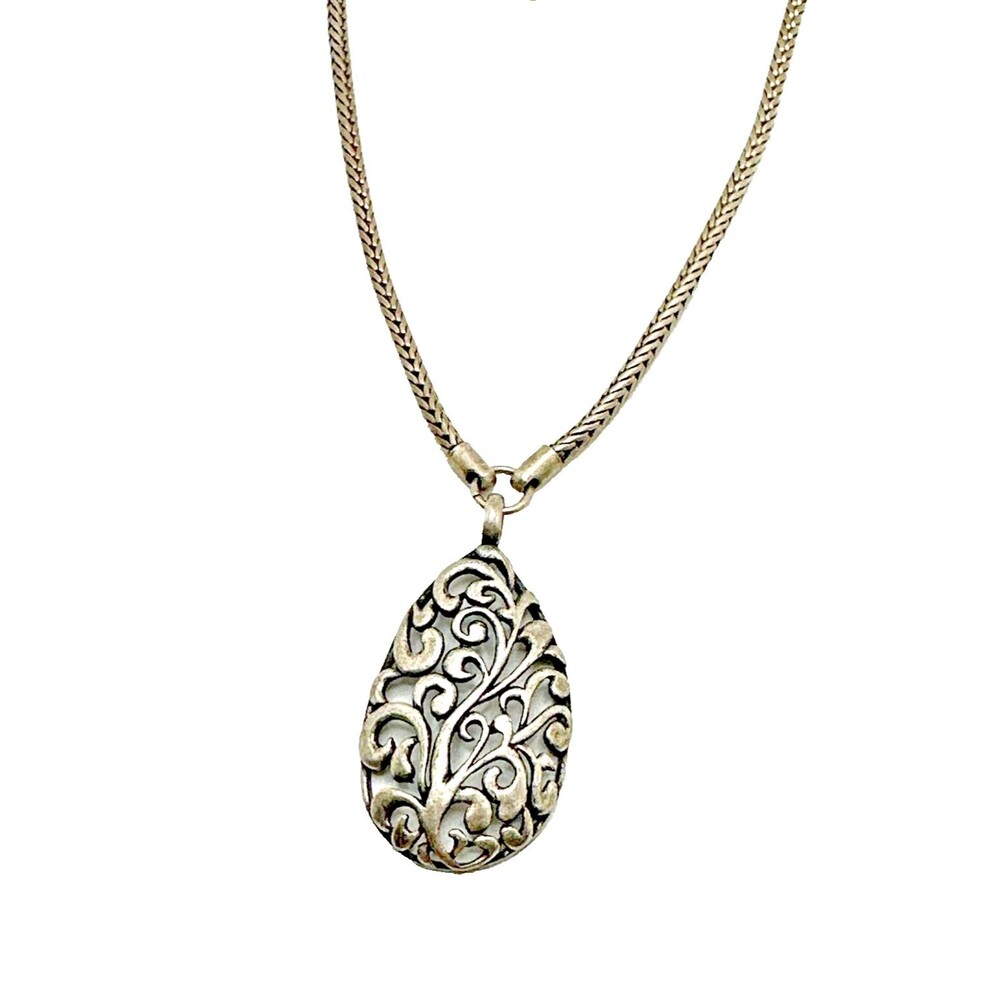 Vicky Jousan Scroll Pendant Necklace Pewter Tone Amulet Artisan Signed VJ 18"